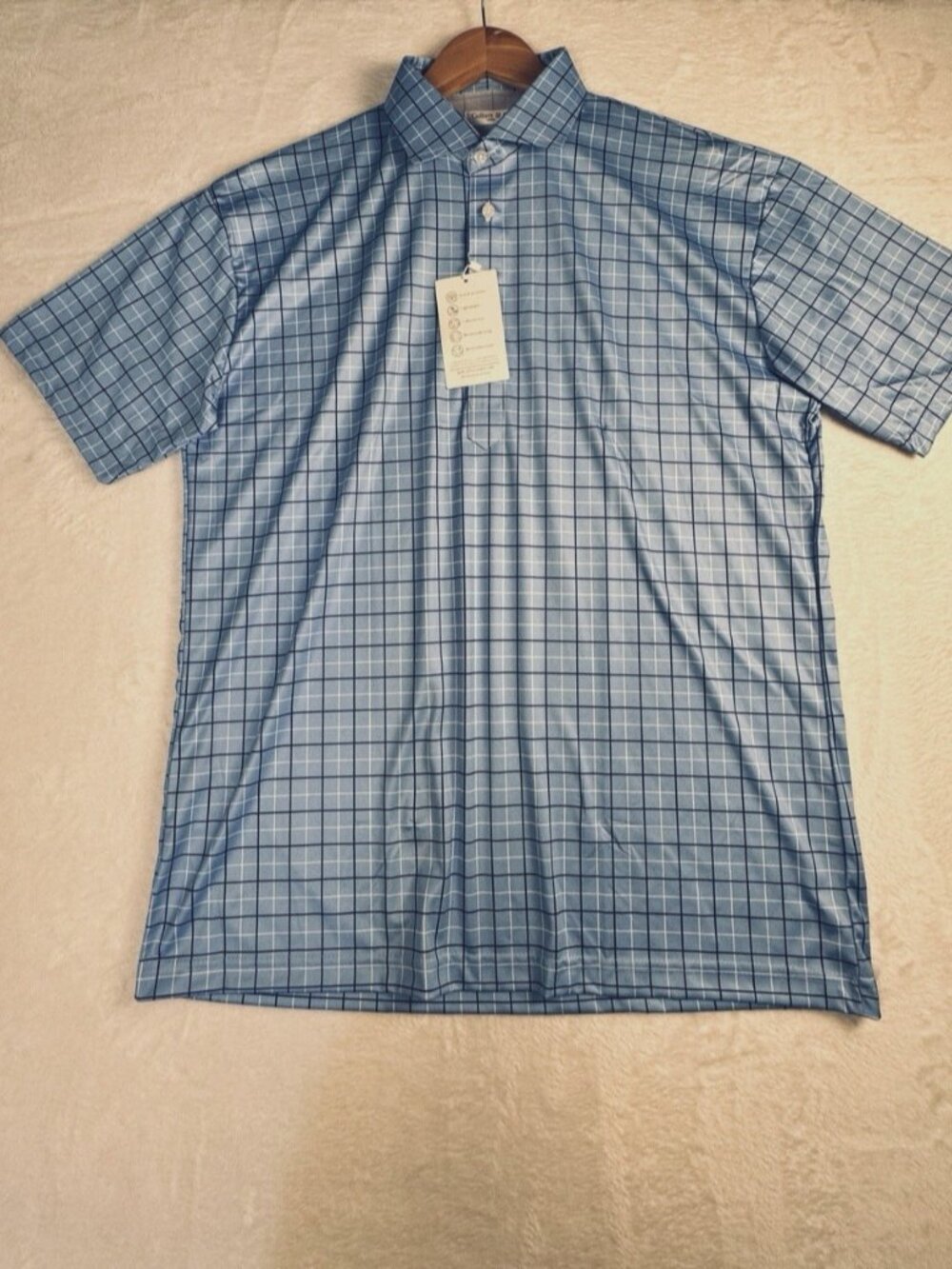 Collars & Co. Semi-Spread Collar Polo Shirt Blue Windowpane Sz Large Golf NWT - Picture 4 of 14